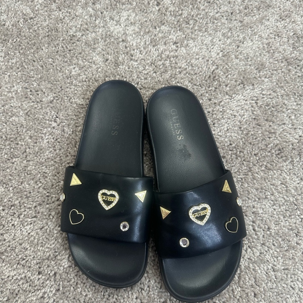 Guess Black Slides with Gold Heart Details